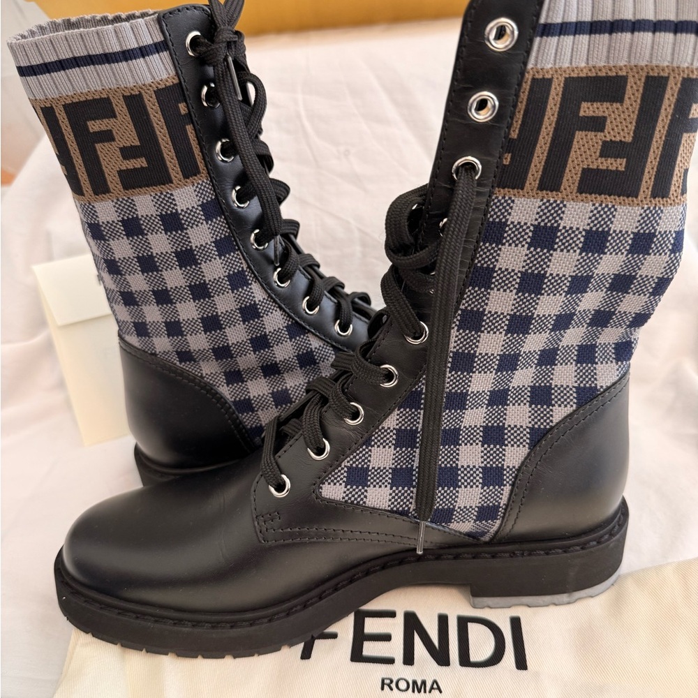 Fendi Biker Vitello Moto Combat Boots in Black Blue and Grey NIB size 38